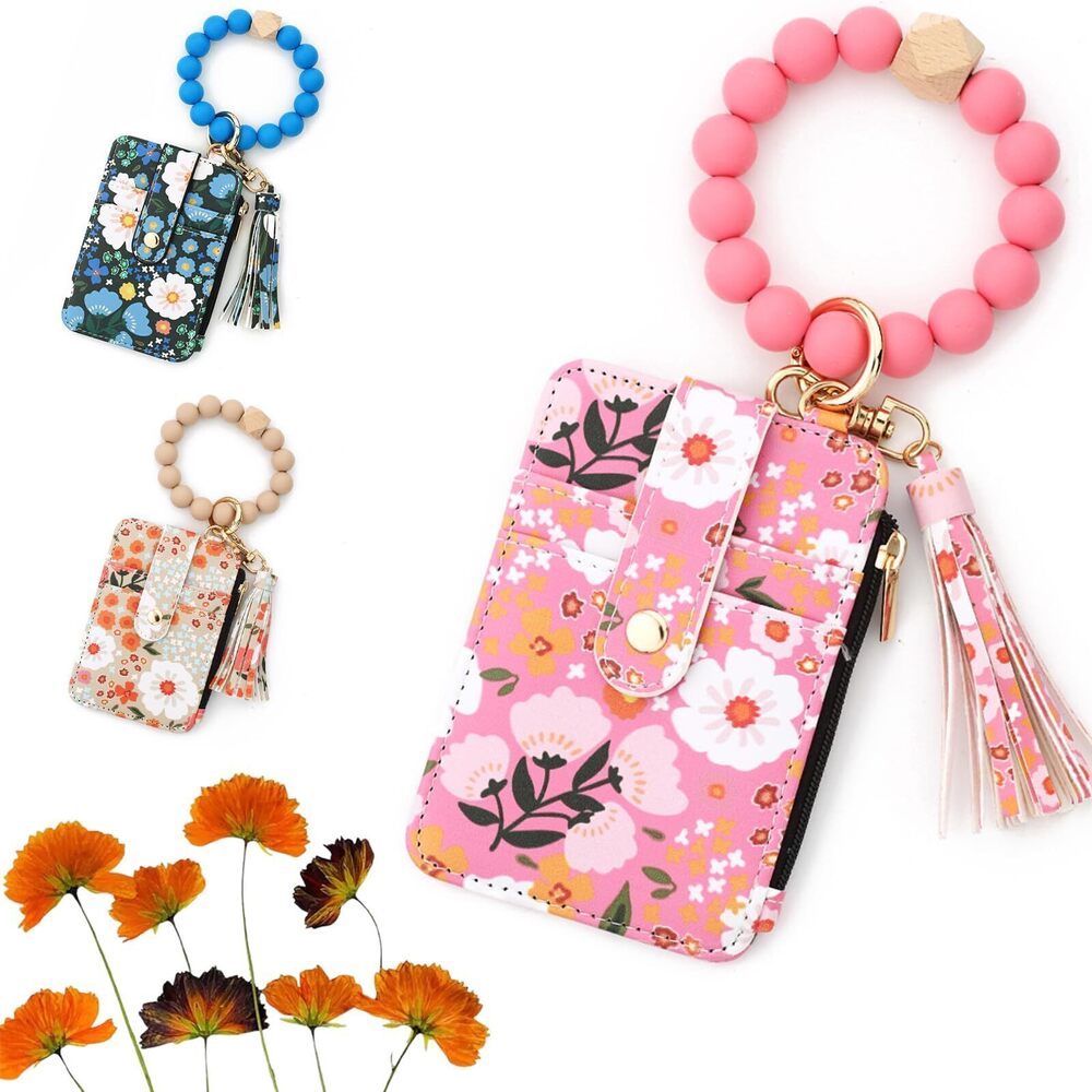 8718 Boho Style Beaded Keychain Wallet Flower Keychain Wristlet Wallets